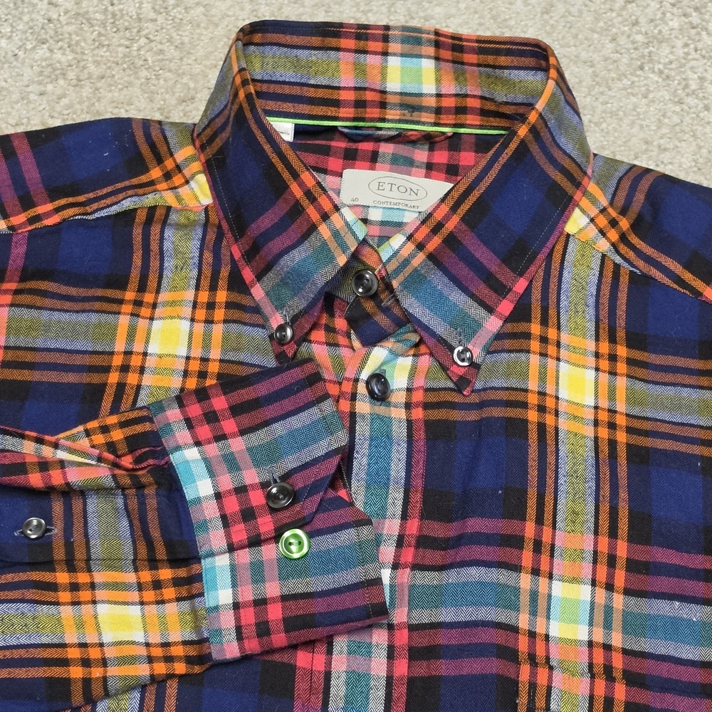Eton Contemporary Flannel Shirt Mens M 40 Multicolor Plaid Button Down Cotton